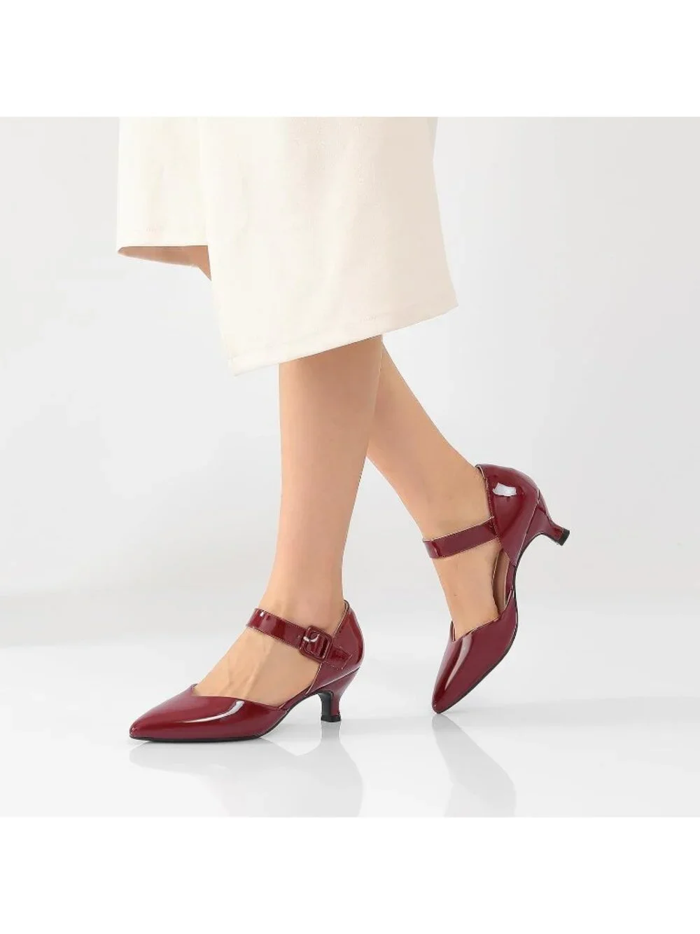 Women's Red Closed Pointed Toe Ankle Strap Buckle Heels Slip on Low Heel Shoes